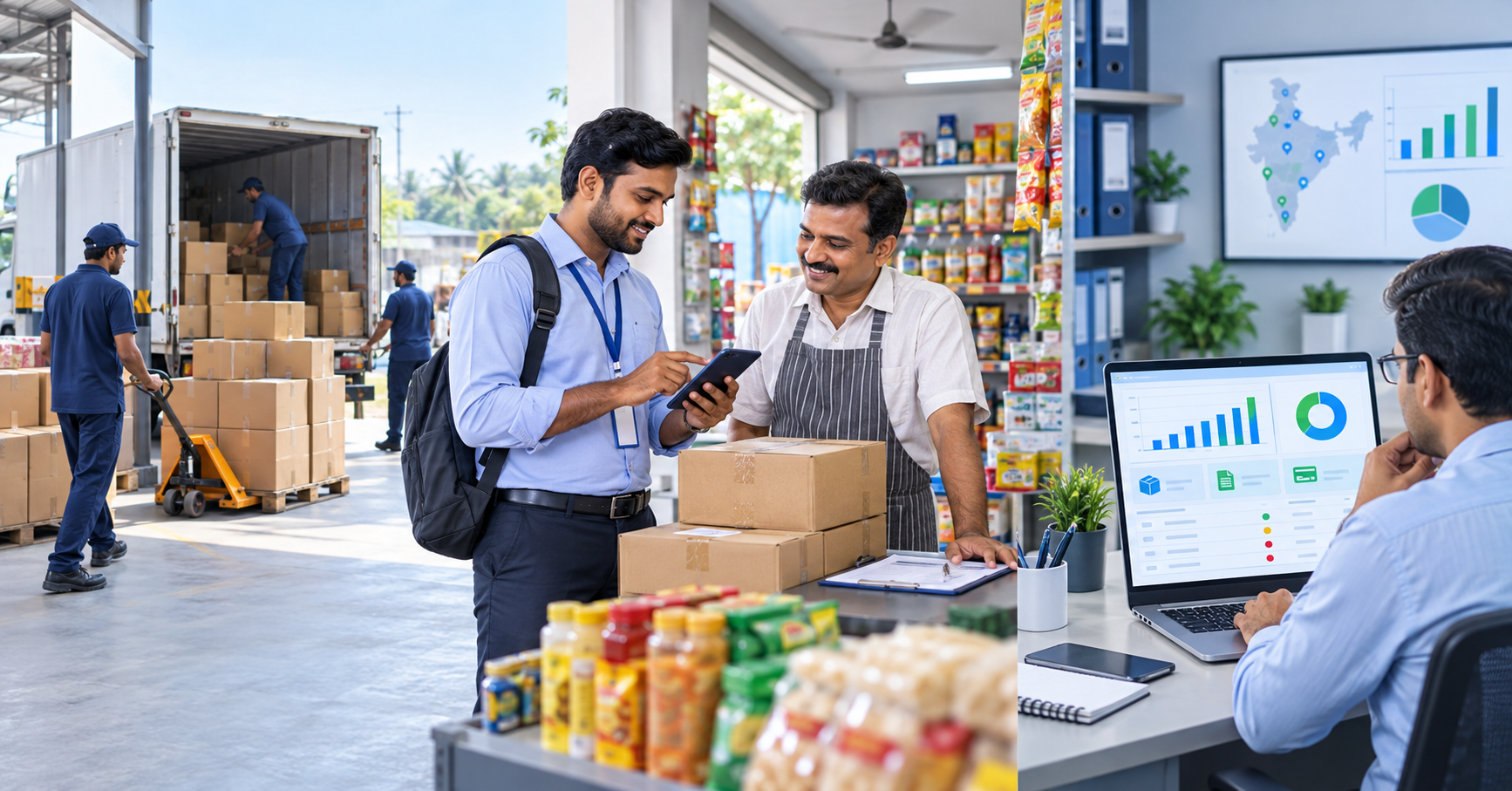 FMCG field executive recording a retailer payment while warehouse and finance teams track dispatch, collections and reconciliation.